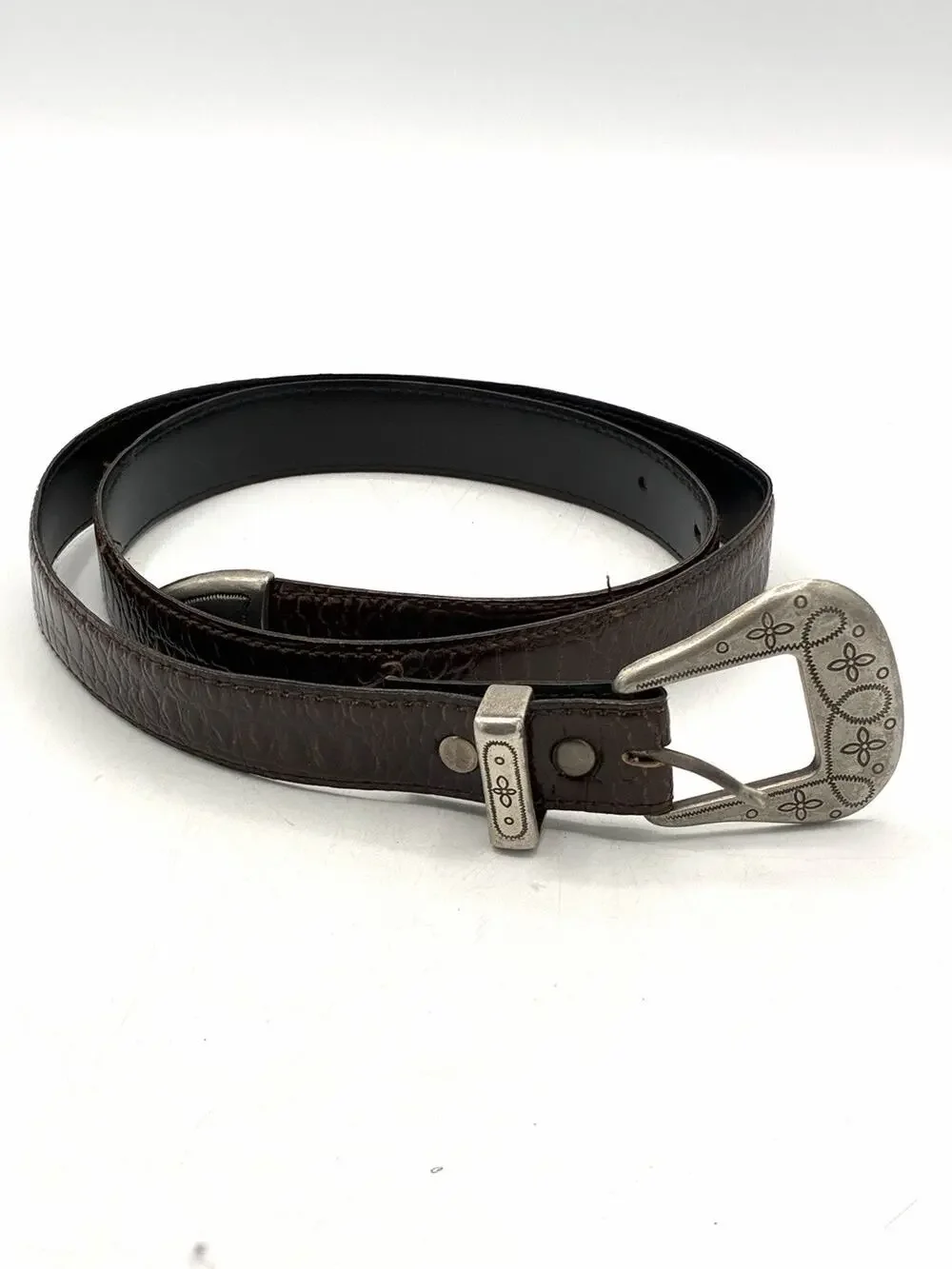 Vintage Brown Croc Embossed Belt Size 14 Ornate Silver Tone Western Buckle